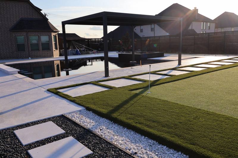 Mirror pool with modern pergola and outdoor living — Frisco, TX